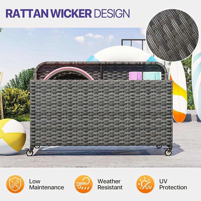 Poolside Deck Box, Poolside Storage Organizer With Pe Rattan Wicker Basket, For Floats & Accessories, Galvanized Frame With Locking Wheels