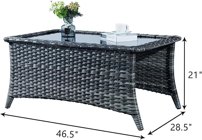 Patio Table Outdoor Coffee Tables - Rattan Wicker Coffee Table with Glass Top and 2-Tier Storage Shelf Rectangle for Outdoor Patio Porch Deck Balcony Garden(Mixed Grey/Glass Top)