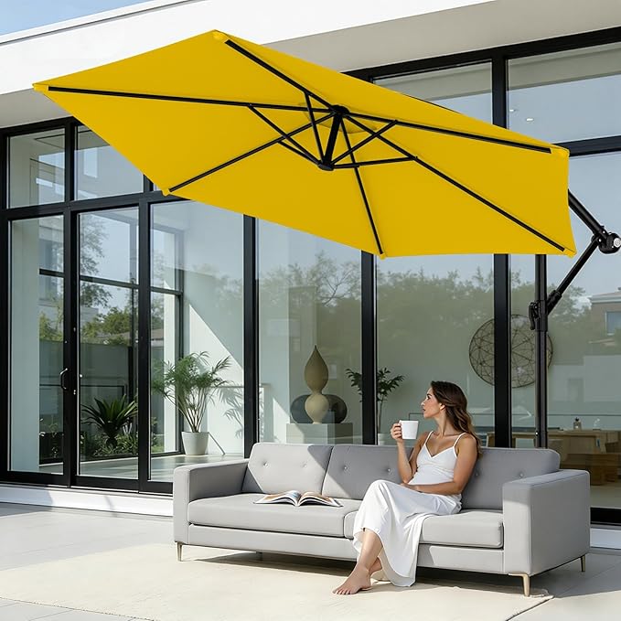 AreShark 10FT Patio Outdoor Umbrella, Offset Patio Umbrella Cantilever Umbrella, 6 Sturdy Ribs, Easy Adjustment for Garden Market Pool with Cross Base (Yellow)