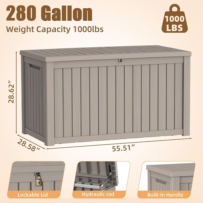 280 Gallon Outdoor Storage Box, Extra Large Resin Deck Box, Waterproof Lockable Storage Container, XXL Storage Bins with Lids for Patio furniture, Garden Tools, Grey