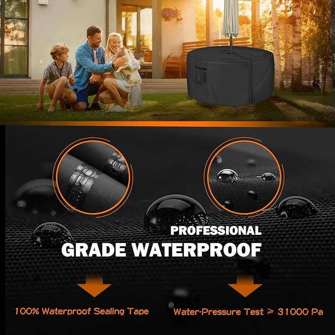 Round Patio Table Cover with Umbrella Hole - 60"DIA x 23"H (COVER SIZE，NOT TABLE SIZE) Heavy Duty Waterproof 600D Oxford Fabric Outdoor Lawn Patio Furniture Covers