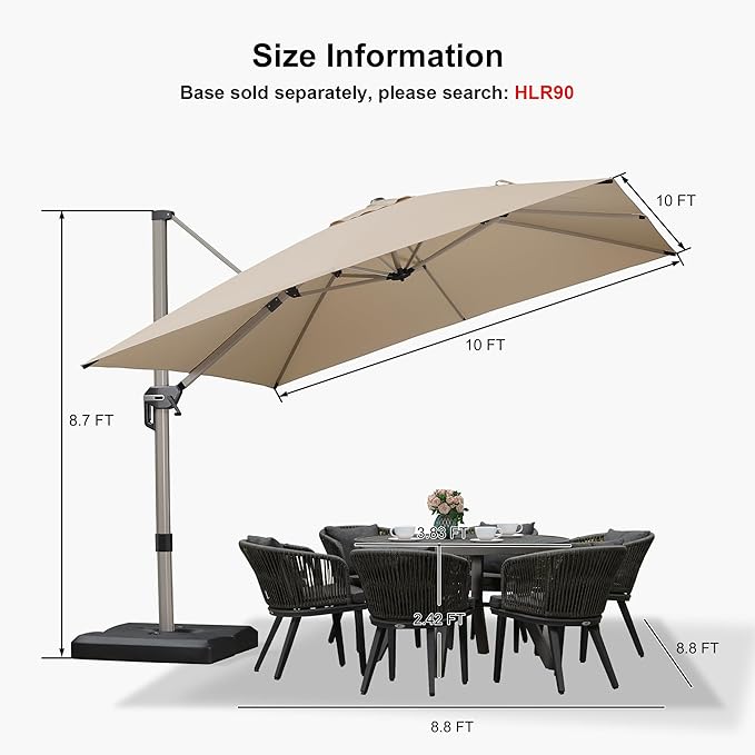 PURPLE LEAF 10’ X 10‘ Patio Umbrella Outdoor Cantilever Umbrella, Aluminum Offset Umbrella with Champagne Frame and 360° Rotation for Pool Deck Garden, Beige