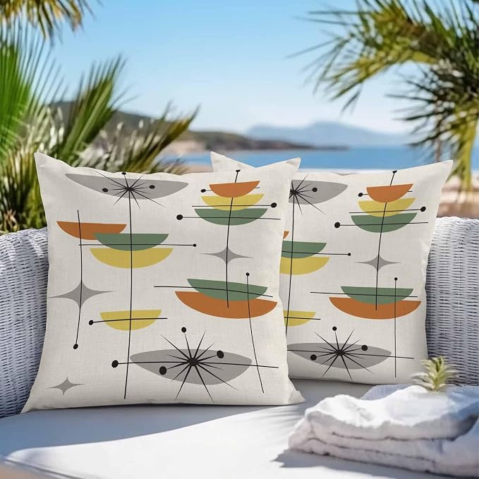 Vandarllin Outdoor Throw Pillows Covers 18x18 inch Set of 2 Waterproof Boho Mid Century Decorative Zippered Cushion Covers for Patio Furniture, Sage Green Yellow Geometric Abstract Lumbar Pillowcases