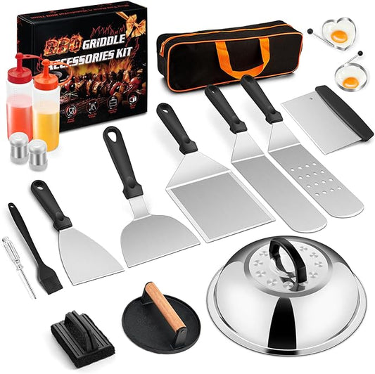 18Pcs Griddle Accessories Kit for Blackstone, Joyfair Flattop Grilling Accessory Set with Smash Burger Press, Stainless Steel Spatula Tools with Basting Cover for Outdoor BBQ Cooking (PP Handles)