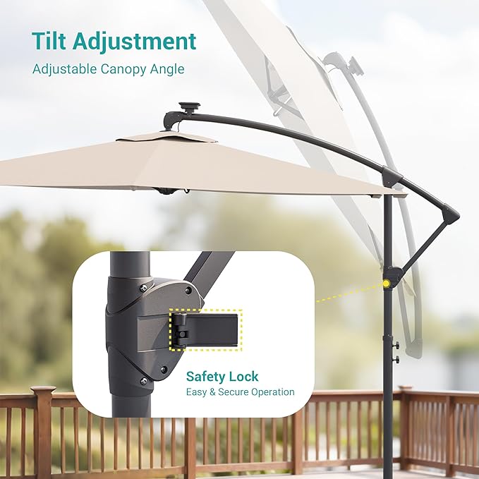 10ft Offset Patio Umbrella with Solar Light Strips,Outdoor Cantilever Hanging Umbrella with Cross Base, Fade Resistant Recycled Fabric, for Pool, Deck, Garden,Backyard,Beige