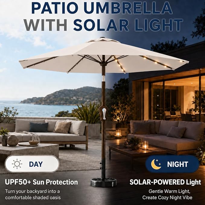 11FT Solar Patio Umbrella with Lights, Outdoor Table Market Umbrella with 32 LED Lights, 8 Sturdy Ribs, Smooth Crank Lift for Pool, Deck and Garden, UV-Resistant