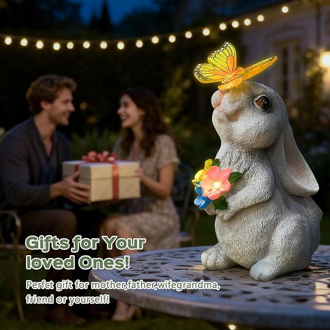 Solar Garden Statue Outdoor Decor, Rabbit Figurine with Butterfly LED Lights, Bunny Statue for Garden, Yard Decor, Lawn Ornament, Valentine's Day Birthday Gift for Women Mom Grandma