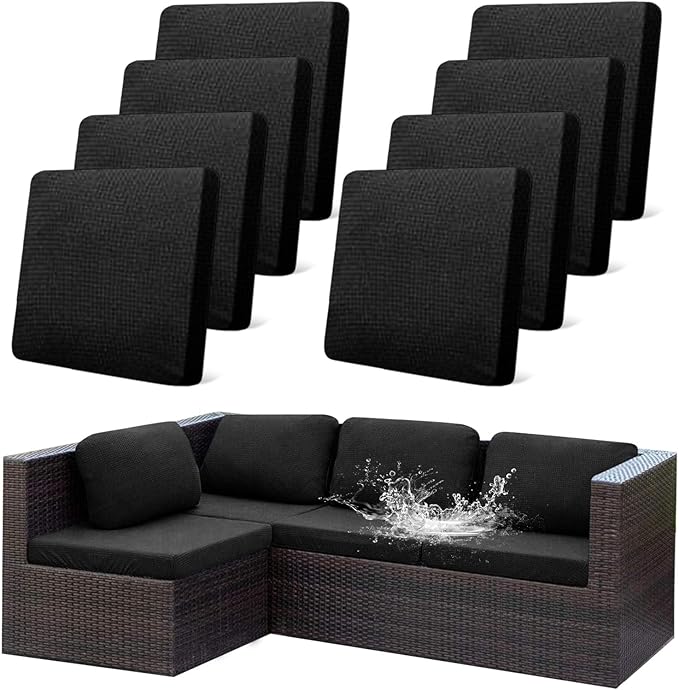 CALBODE 8Pcs Outdoor Stretch Cushion Covers,Waterproof Outdoor Chair Cushion Covers for Patio Furniture, Washable Jacquard Couch Covers Replacement for Patio Furniture(Black, Cover Only)