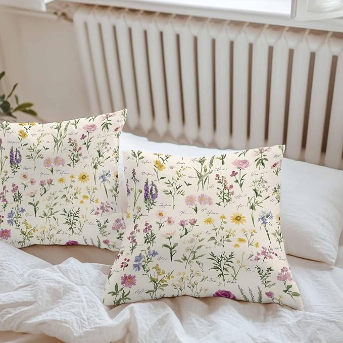 Throw Pillow Covers 16x16 Inch Set of 2, Botanical Garden Florals Waterproof Outdoor Pillow Covers, Spring Watercolor Wildflowers Decorative Cushion Pillowcases for Couch, Sofa, Bed, Garden, Patio