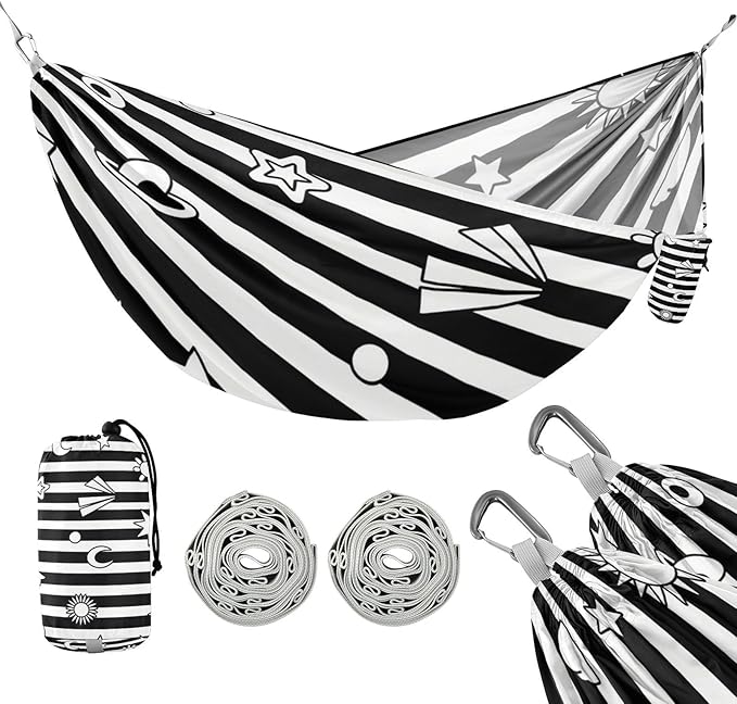 Black White Stripes Sun Moon Star 330lb Capacity Hammocks with Tree Straps Tree Hammock for Outside Patio Garden Base para hamaca
