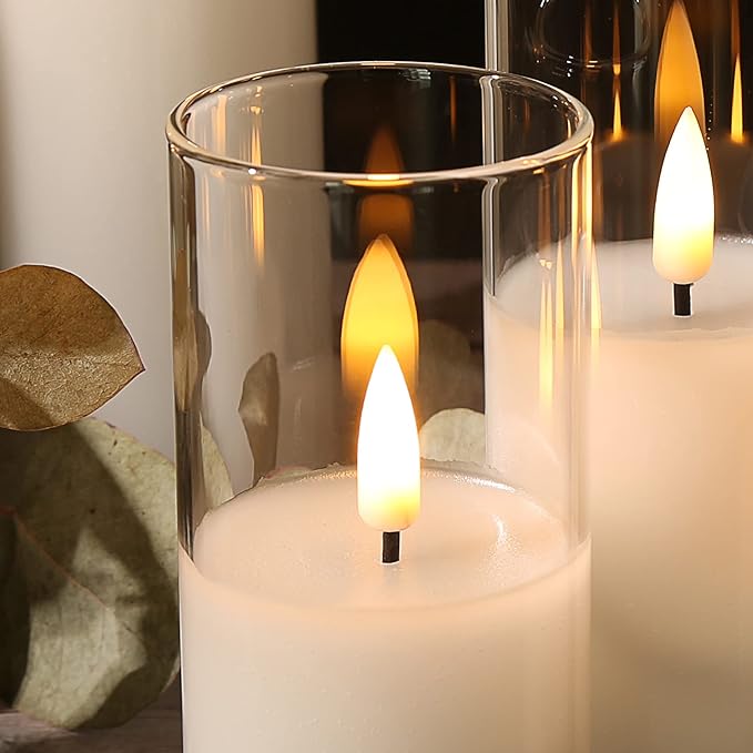 Eywamage Clear Glass Flameless Candles with Remote Batteries, Slim Tall LED Pillar Candles Battery Powered, Set of 5