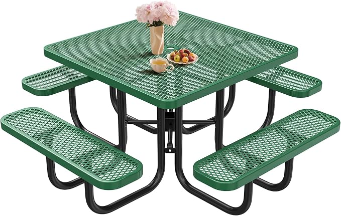 Ceridwen Heavy Duty Picnic Table with 4 Benches, Expanded Metal Steel Mesh Outdoor Patio Dining Table Bench Set with Umbrella Hole,Outdoor Patio Dining Table for Garden (Square, Green, 46FT)