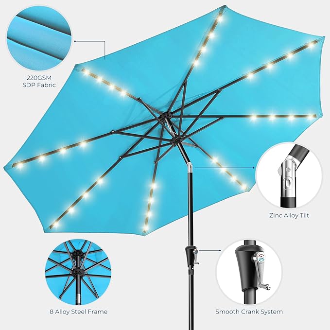 HOMSHADE 9ft Solar Patio Umbrella - Solar Lights LED Lighted Outdoor Market Table Umbrella, UPF50+ UV Protection with Push Button Tilt, Crank for Pool Deck and Garden (Light Blue)