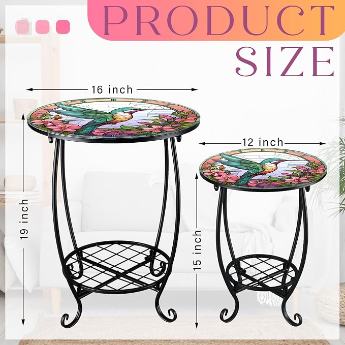 Cinnvoice 2 Pcs Outdoor Side Table Small Patio Round Mosaic Accent End Table Indoor Plant Metal Coffee Tea Tables for Patio Yard Porch Garden Living Room(12" and 16",Hummingbird Style)