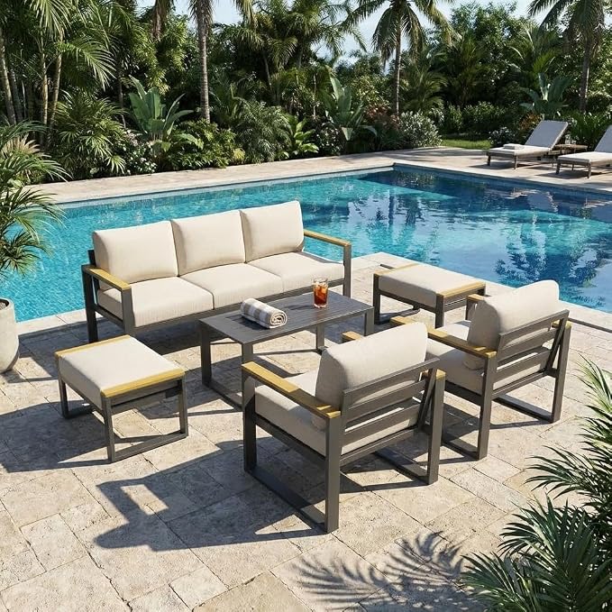 IDEALHOUSE Aluminum Patio Furniture Set, 7 Seats Outdoor Patio Conversation Sets with Coffee Table, 6 Pieces Metal Conversation Sectional Furniture Sofa for Balcony, Garden, Deck, Backyard,Beige