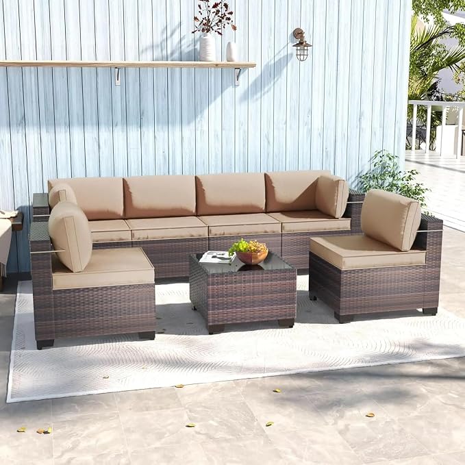 7 Pieces Outdoor Patio Furniture Sets Wicker Conversation Set Sectional Sofa Includes 6 All-Weather High Back Deep Seat PE Outdoor Sectional