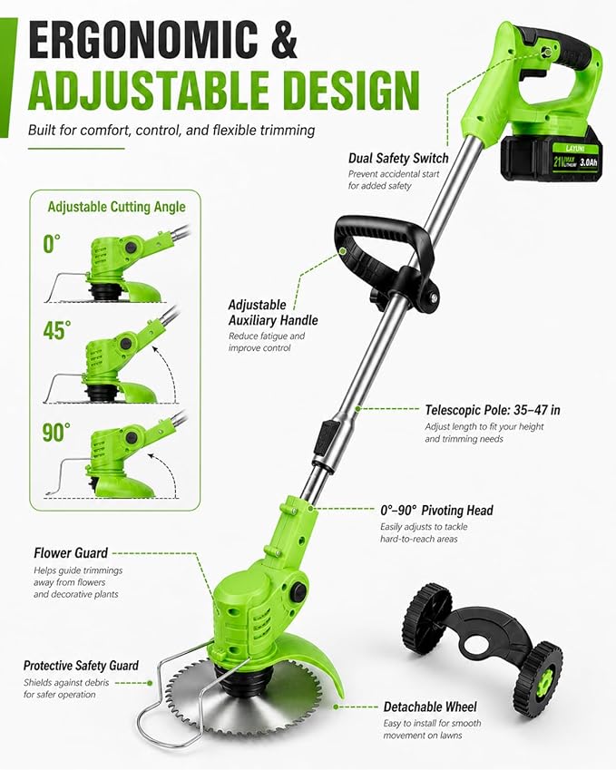 Cordless Weed Wacker with Wheels, 880W Electric Weed Eater with 2 x Batteries, 3-in-1 Battery Powered Grass Trimmer/Brush Cutter with 5 Types Saw Blades, Lightweight for Lawn & Garden