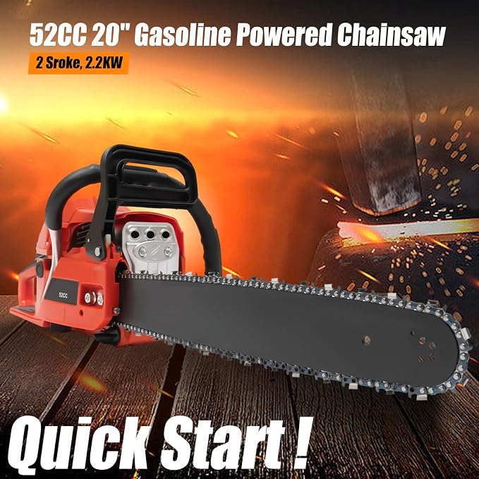 Gasoline Chainsaw, 2 Stroke 2.2kw Gas Powered Chain Saw Engine, 52cc 3HP 20 Inch Air-cooled Cutting Saw for Forest Harvesting/Cutting Wood/Pruning Branches/Gardening/Home Woodworking