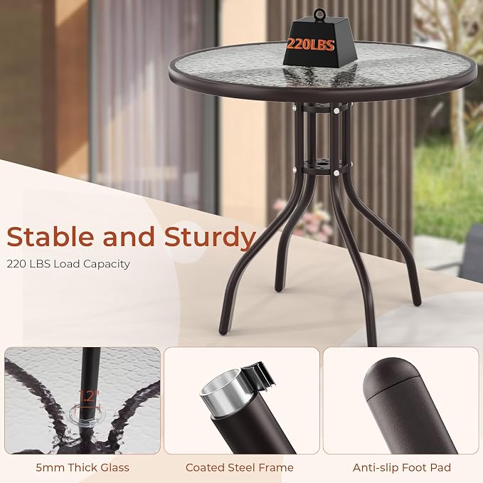 TLSUNNY 6 Pieces Patio Dining Set with 65″ Umbrella, Outdoor Table and Chairs with 31.5″ Round Glass Table, 4 Folding Textilene Chairs, Patio Dining Set W/Steel Frame, for Poolside, Backyard (Brown)