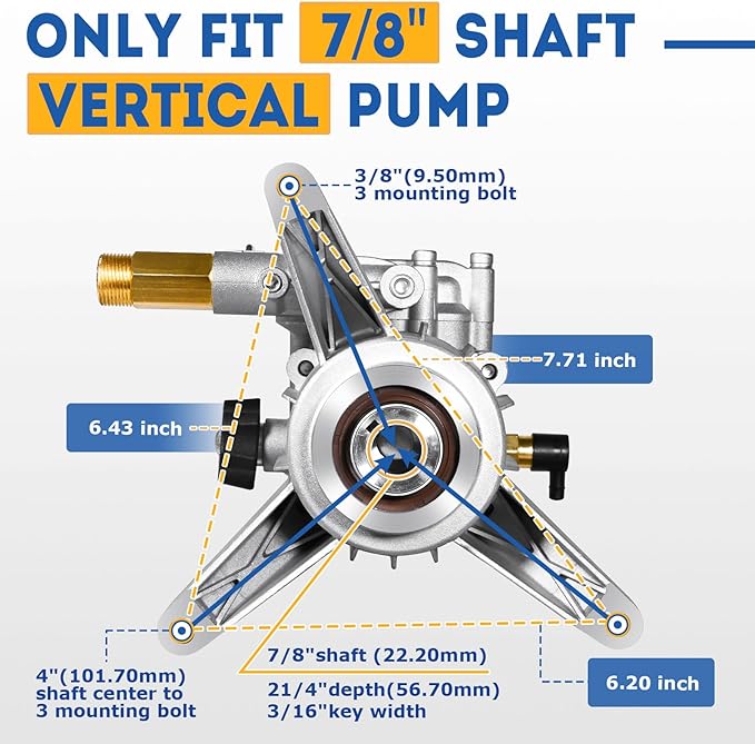 TOOLCY 7/8" Shaft Vertical Pressure Washer Pump - Rear Inlet/Outlet Max 3200 PSI @ 2.5 GPM OEM & Power Washer Pump for Gas Washer, More Replacement for Simpson, Honda etc