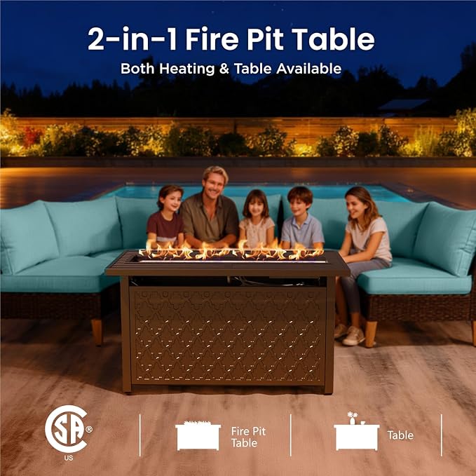 PHI VILLA Wicker Patio Furniture Set with 45" Fire Pit Table, 10 Pieces Outdoor Conversations Set, Rattan Patio Sectional Set with 2 Swivel Chairs, 3-Seater Sofa, Loveseat, 2 Ottomans, Aqua Blue