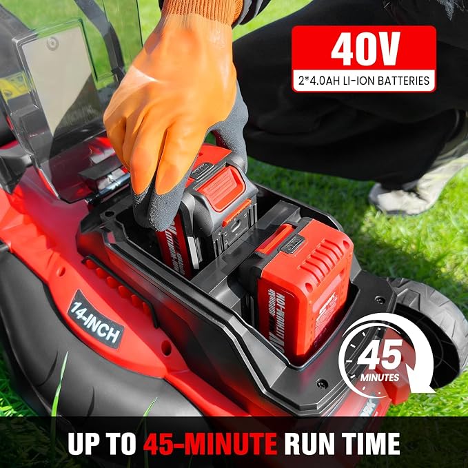 EWORK 40V Electric Lawn Mower Cordless, 14" Electric Push Mower with Grass Catchers, 2x4.0Ah Batteries & Charger, 6-Height Adjustment, 21Lbs Lightweight Battery Powered Lawnmower for Small Yard