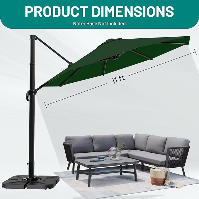 AreShark 11FT Round Cantilever Patio Umbrella with Base Included, 360° Rotation Offset Outdoor Umbrella, 5 Tilt Settings Heavy Duty Hanging Parasol for Deck Garden Pool, Dark Green