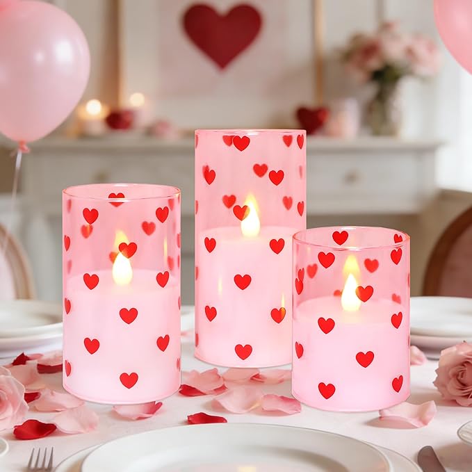 Silverstro Love Flameless Candles with Remote Timer, Glass Battery Operated Candles, Pink Spray-Painted Heart LED Candles for Home Party Wedding Valentine's Day Decor Set of 3