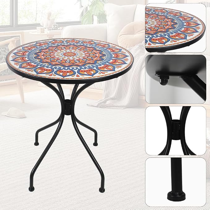 23.6" Outdoor Patio Mosaic Round Table Garden Bistro Accent Table | Ceramic Tile Waterptoof Side End Table Metal Frame Dining Table Furniture for Balcony Backyard Porch Poolside Terrace