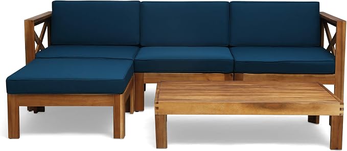 Merax Patio Furniture Set L-Shape Sofa with Table and Cushions for 3-Person, Acacia Wood Outdoor Conversation Set for Patio Deck Backyard Poolside (Teak)