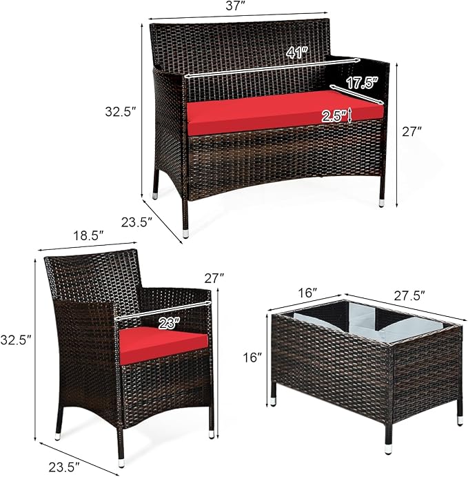 COSTWAY 4PCS Rattan Patio Furniture Set | Outdoor Wicker Rattan Chairs with Coffee Table, Rattan Cushioned Conversation Set for Backyard Balcony Porch Poolside, Red