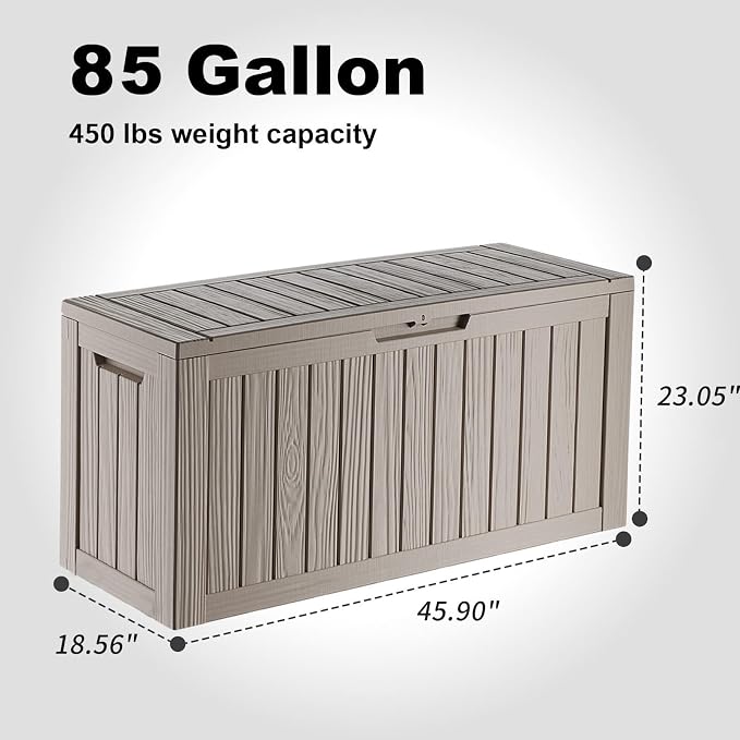 Waterproof Outdoor Storage Box, 85 Gallon Lockable Deck Box, UV-Resistant Outside Storage Bin With Hydraulic Lid For Patio Furniture, Cushion Organizer, Garden Tools, Pool Accessories, Grey