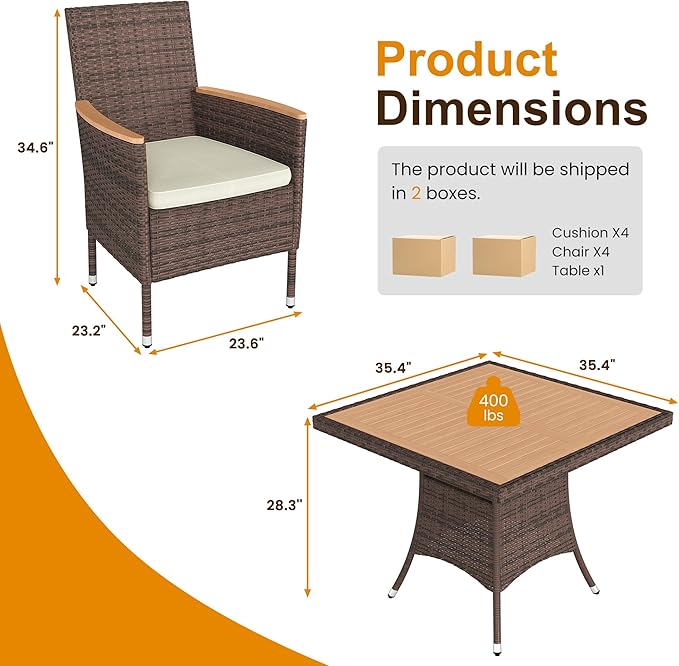 Wisteria Lane Patio Dining Sets for 12, All Weather Rattan Outdoor Table and Chairs with Acacia Wood Tabletop, Patio Dining Furniture with Removable Cushions for Deck Garden, Backyard, Brown