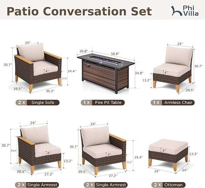 PHI VILLA 9-Seat Outdoor Wicker Furniture Set with 4-inch Thick Cushions, High Back Wicker Sofa with Gas Fire Pit Table for Cozy Patio Conversations in Elegant Beige (Loveseat)
