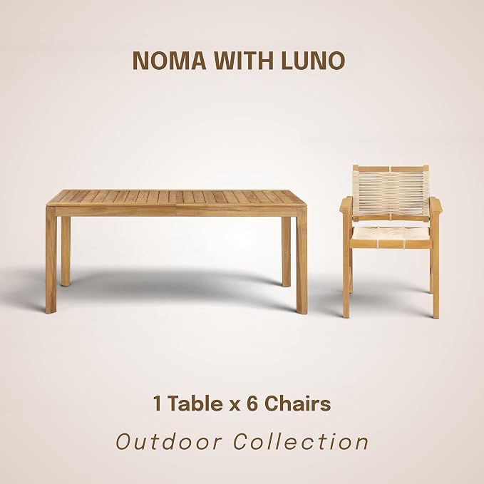 NTC Noma 63 Inch Solid Wood Dining Table and 6 Luno Chairs, Weather Resistant Patio Table for Patio Dining Sets, Backyard, Deck & Dining Room, Easy Assembly, Natural