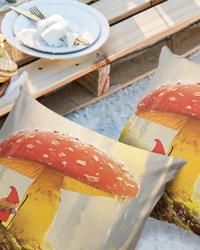 Outdoor Waterproof Throw Pillow Covers 24x24in, Fall Thanksgiving Mushrooms Cushions for Garden Patio Furniture Chairs Set of 2, Gnome Squirrels Home Decor Couch Sofa Polyester Pillow Cases