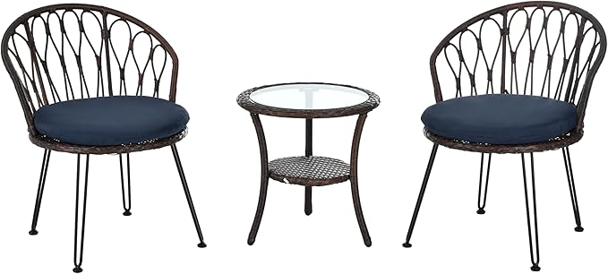 Montary 3 - Piece Outdoor Leisure Set,2 Stylish Hand - Woven Rattan Single Chairs & a Sturdy Tempered Glass Round Table - Ideal for Relaxing on Balconies and Courtyards,Brown & Blue