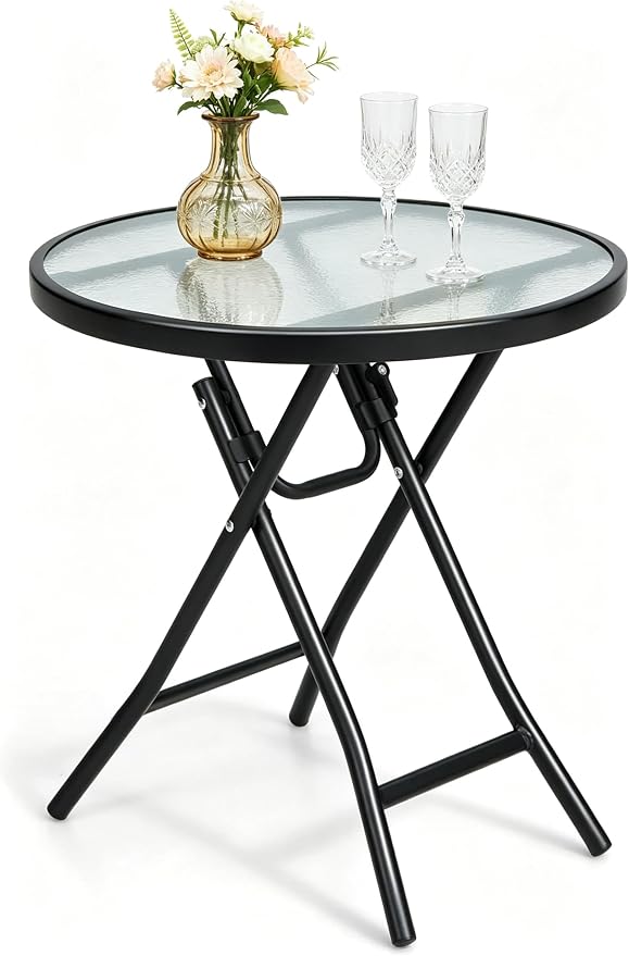 LDAILY Folding Outdoor Side Table, Round Small Bistro Table with Tempered Glass Tabletop, Anti-Slip Foot Pads, Steel Frame, Foldable Patio Table for Garden, Balcony, Backyard, Porch, Black