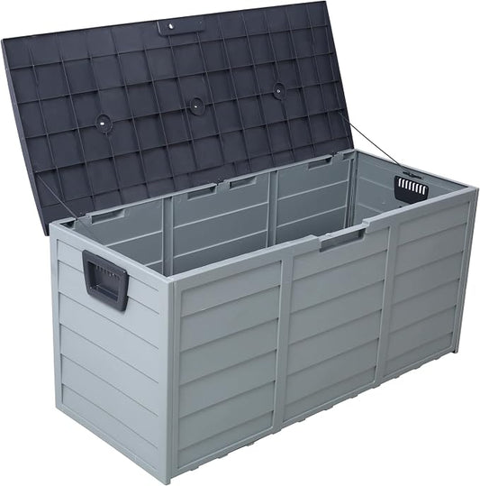 75 Gallon Outdoor Storage Box with Lid Resin Deck Storage Box on Wheels All-Weather Plastic Storage Chest for Patio Furniture Garden Tools Pool Toys Outdoor Containers for Storage Gray