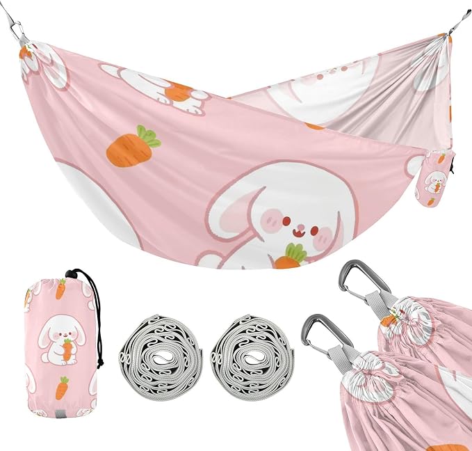 FRMG Cute Bunny Rabbit Carrot Pink Hammock 500 lbs Capacity Portable Hammocks with Tree Straps & Attached Carry Bag, Camping Essentials Gear, 2303952a