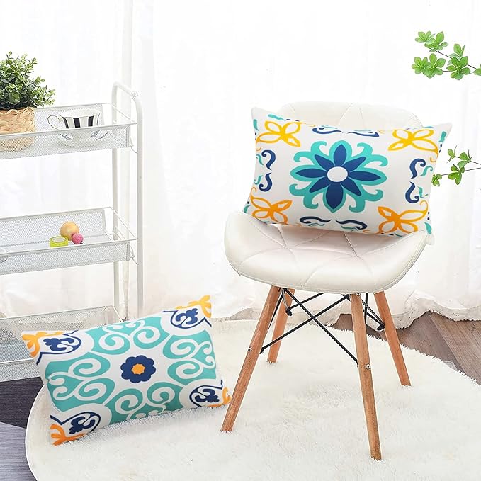 Pyonic Outdoor Waterproof Throw Pillow Covers Set of 4 Floral Printed and Boho Farmhouse Outdoor Pillow Covers for Patio Funiture Garden 12x20 Inch Blue