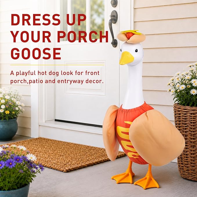 23" Hot Dog Goose Outfit, Goose Clothes for Porch Garden Yard Decor | Funny Hotdog Porch Goose Clothes for Concrete Geese, Weather-Resistant Fabric with Added Cotton Filling