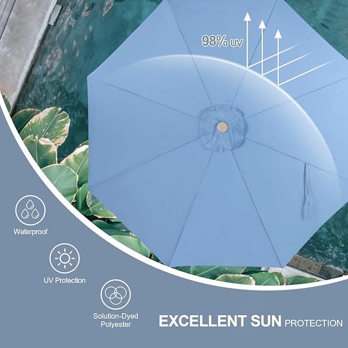 Tempera 9ft Blue Scalloped Patio Umbrella with Fringe,UV Protection Fade Resistant Canopy, 8 Sturdy Ribs, Outdoor Table Umbrella with Crank Tilt for Lawn, Pool, Deck, Balcony