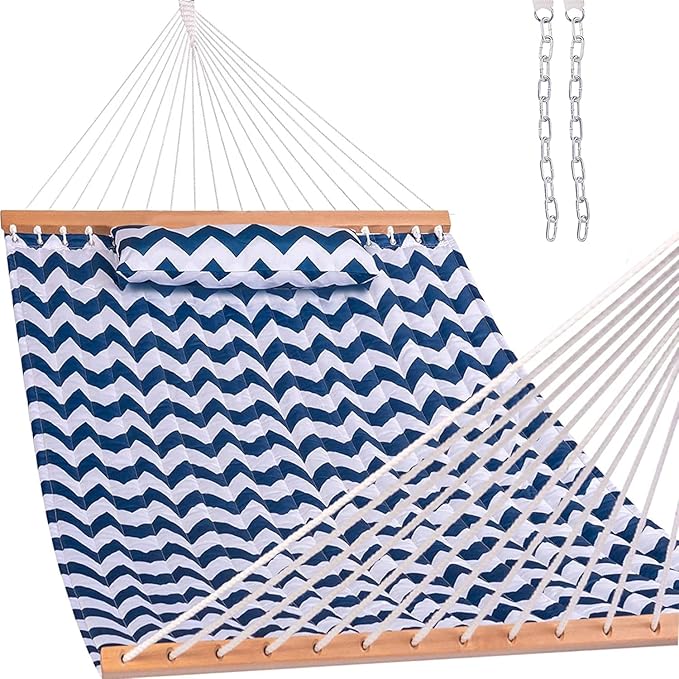 Lazy Daze Hammocks 12FT Quilted Fabric Double Hammock with Spreader Bars and Detachable Pillow, 2 Person Hammock for Outdoor Patio Backyard Poolside, 450 LBS Weight Capacity, Blue Chevron Stripe