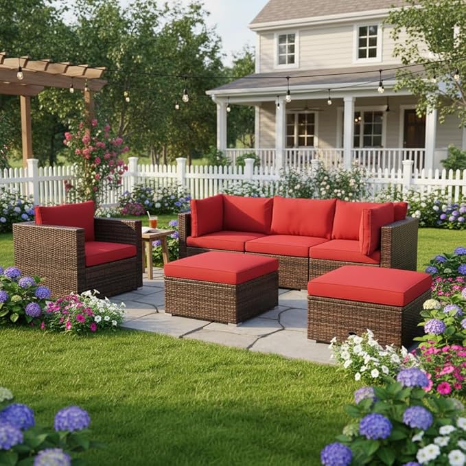 Tangkula 6 Pieces Wicker Patio Furniture Set, PE Rattan Outdoor Sectional Conversation Set with Glass Coffee Table & Ottoman, Wicker Sofa Set with Cushions for Yard Garden, Deck, Porch (Red)