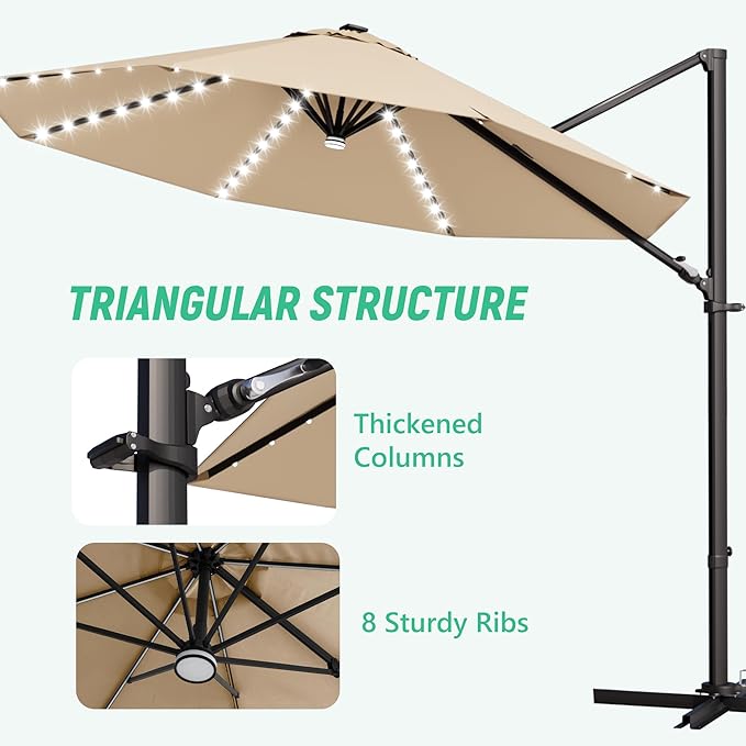 Greesum 10FT Outdoor Patio Umbrella with High Pedel and 4 Gear Heights, Large Offset Umbrella with Solar LED Lights and 360-degree Rotation, Without Base, Hanging Outdoor Shade for Garden, Brown
