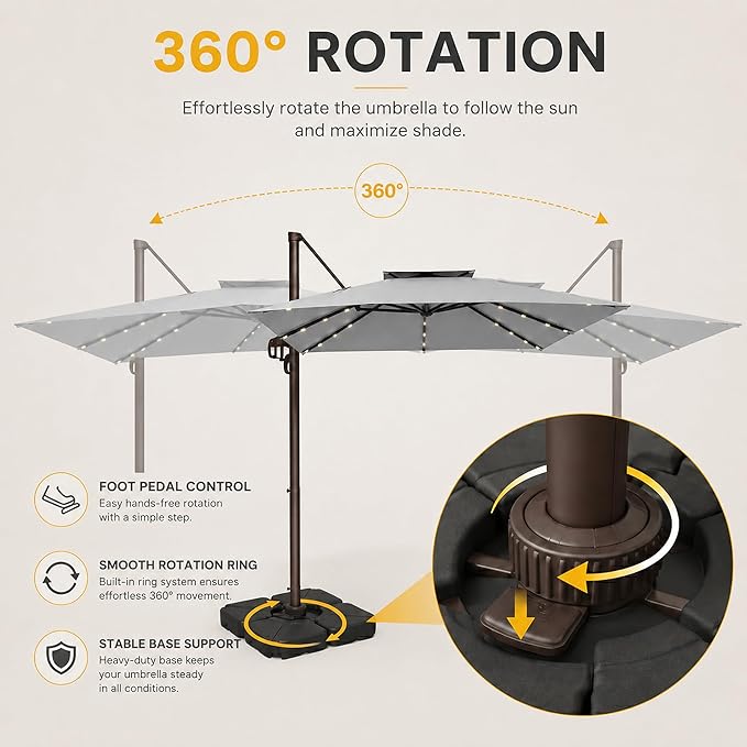 10FT Cantilever Patio Umbrella with Solar Lights, Large Outdoor 2 Tier Aluminum Offset Square Umbrellas 360 Degree Rotation for Garden Deck Pool