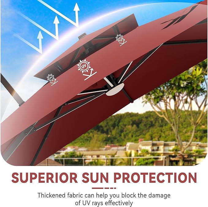 10x13 FT Cantilever Patio Umbrella with Base and Led Lights Double Top Outdoor Rectangular Large Heavy Duty Aluminum Offset Umbrellas with 7 Level Tilt 360-degree Rotation for Pool Garden Deck, Wine Red