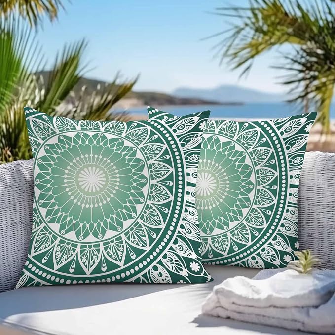 Vandarllin Outdoor Throw Pillows Covers 24x24 inch Set of 2 Waterproof Green Boho Floral Decorative Zippered Cushion Covers for Patio Furniture, Bohemian Sacred Space Art Lumbar Pillowcases