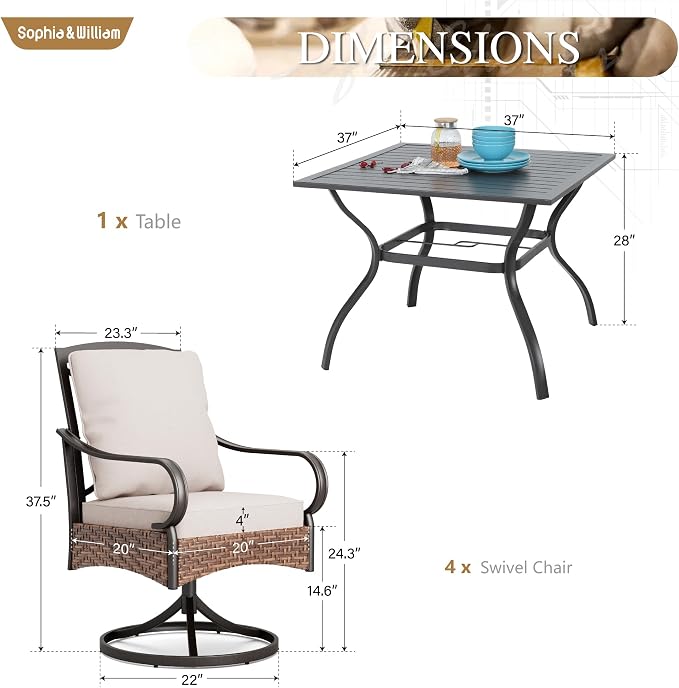 Sophia & William Patio Dining Set 5 Piece Outdoor Table Furniture Set - 4 Padded Swivel Dining Chairs and 1 Square Metal Table with Umbrella Hole for Garden Deck Backyard